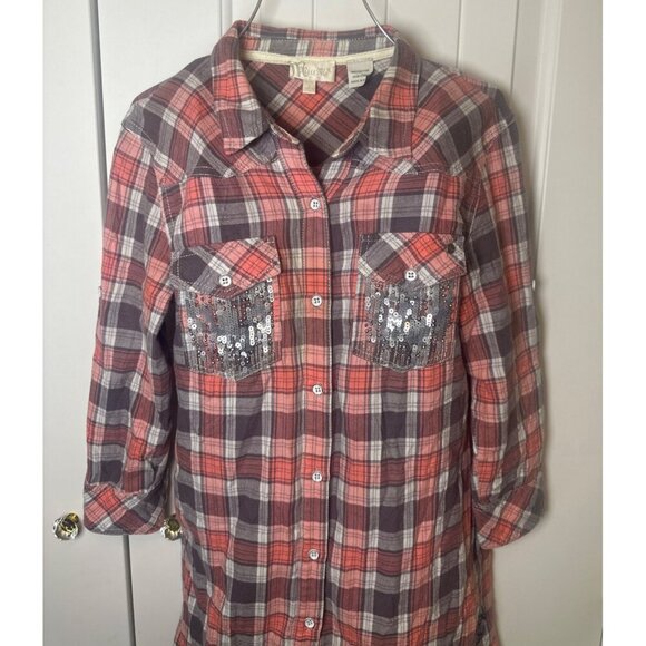 Miss Me Flannel Shirt Dress Button Down Sequins, Size: Small - Picture 4 of 8